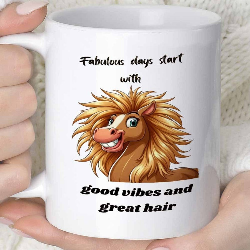 Tailorly White Ceramic 11 oz Mug - Fabulous Days Start With Good Vibes And Great Hair Animated Cartoon Character With Wild Messy Golden Hair And Cheerful Smile