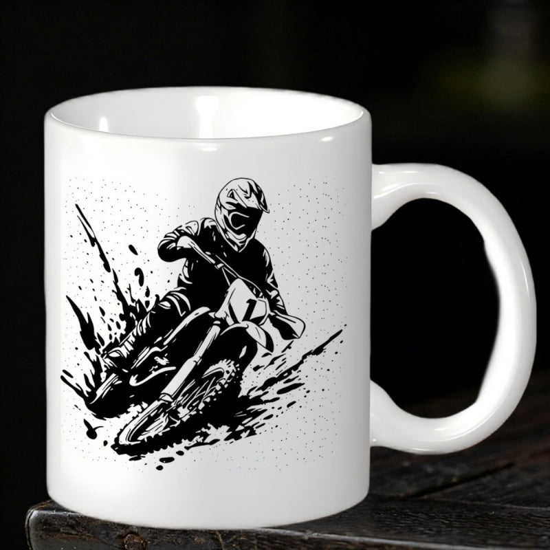 Tailorly White Ceramic 11 oz Mug - Action Packed Motocross Rider Splashing Mud In A Stylized Sketch Dirt Bike