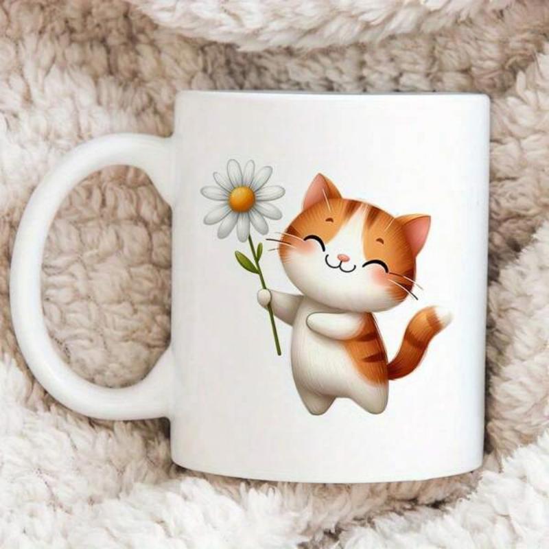 Tailorly White Ceramic 11 oz Mug - Adorable Orange Striped Kitten Holding A Delicate White Daisy Flower Cat