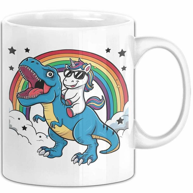 Tailorly White Ceramic 11 oz Mug - Cool Unicorn Wearing Sunglasses Riding A Blue Rainbow Journey Dinosaur