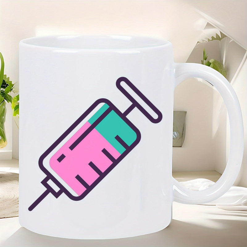 Tailorly White Ceramic 11 oz Mug - Stylized Medical Equipment Containing Vibrant Pink And Green Colorful Liquid Syringe