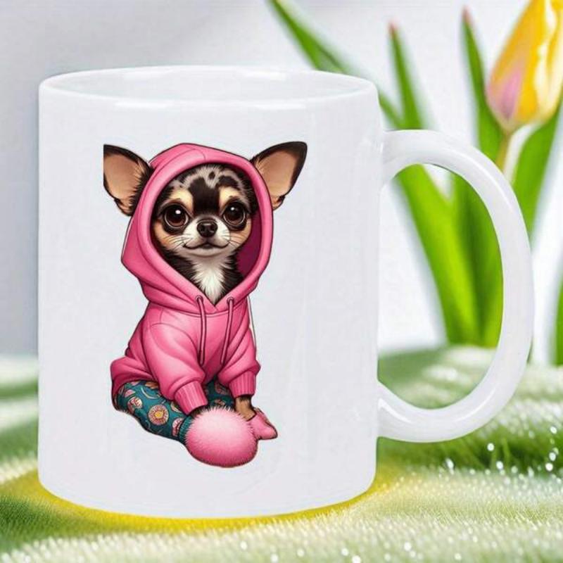 Tailorly White Ceramic 11 oz Mug - Adorable Small Chihuahua Wearing A Pink Hoodie Sitting On Soft Grass Dog