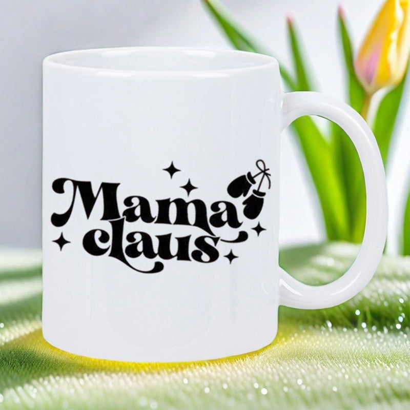 Tailorly White Ceramic 11 oz Mug - Mama Claus Retro Groovy Style With Twinkling Stars And Festive Winter Mittens