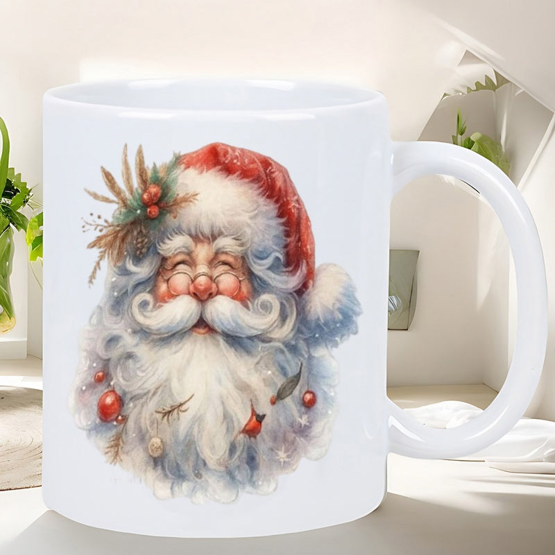 Tailorly White Ceramic 11 oz Mug - Festive Vintage Illustration Of Jolly Smiling Face With Soft White Beard Santa Claus