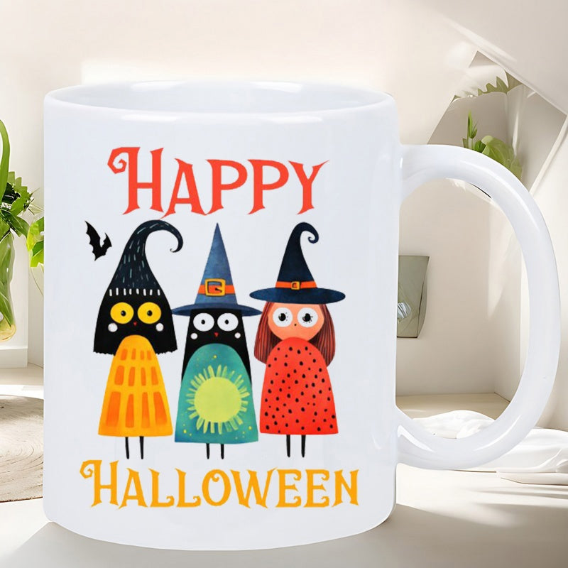 Tailorly White Ceramic 11 oz Mug - Happy Halloween Adorable Cartoon Figures Wearing Colorful Pointed Hats With Whimsical Costumes Witches