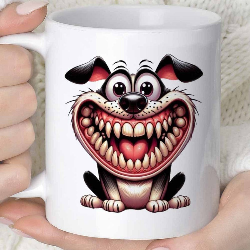 Tailorly White Ceramic 11 oz Mug - Cartoonish Style With Giant Grinning Mouth Showing Sharp Pointy Teeth Sitting Dog