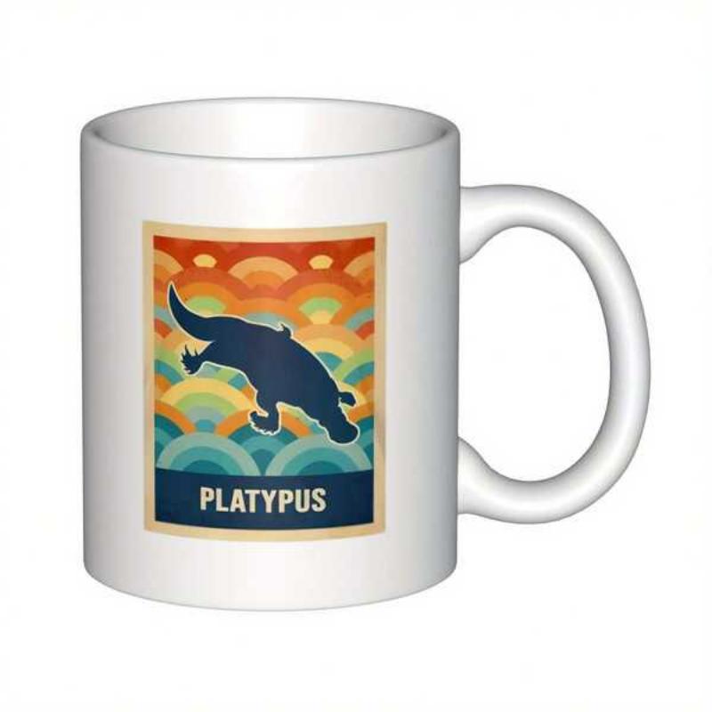 Tailorly White Ceramic 11 oz Mug - Platypus Retro Geometric Waves Pattern Featuring A Swimming Dark Silhouette Platypus