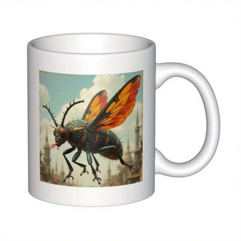 Tailorly White Ceramic 11 oz Mug - Majestic Flying Insect With Vibrant Orange Wings Above A Distant Cityscape Creature