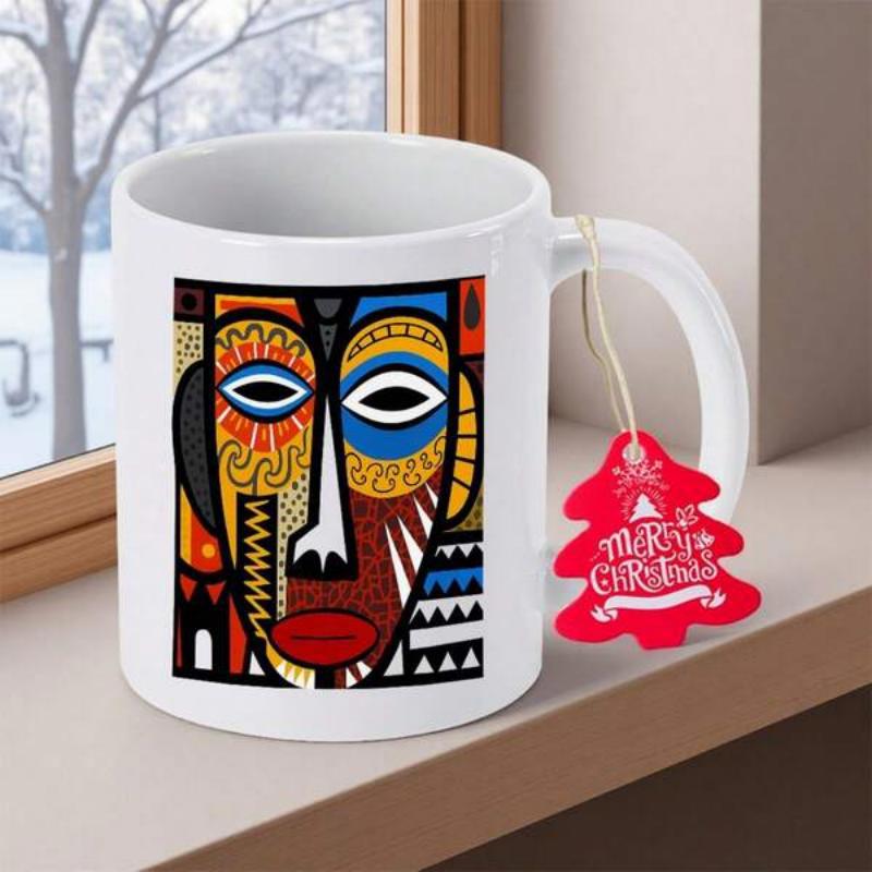 Tailorly White Ceramic 11 oz Mug - Merry Christmas Artistic Vibrant Tribal Patterns On A Colorful Decorative Traditional Mask