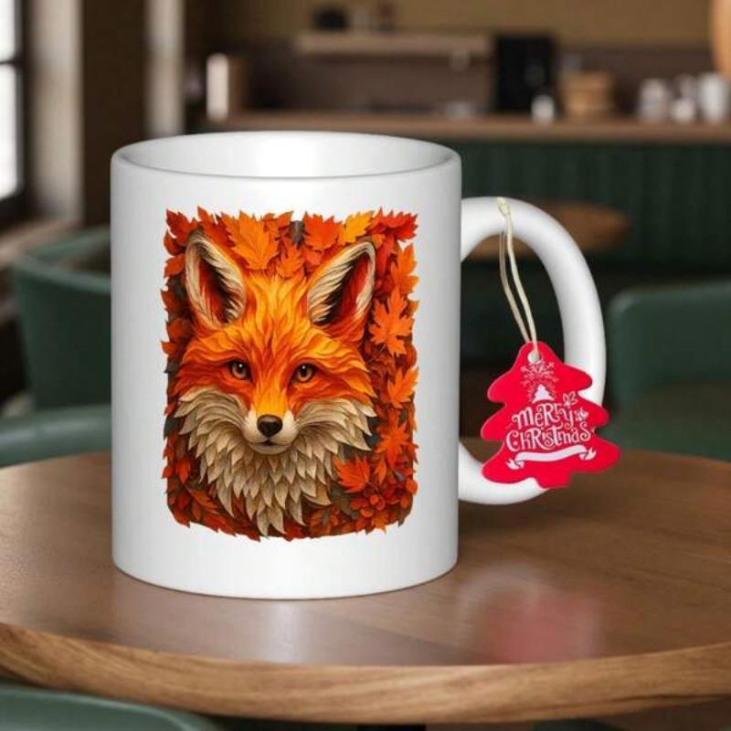 Tailorly White Ceramic 11 oz Mug - Merry Christmas Majestic Portrait With Detailed Orange Fur And Vibrant Leaves Fox
