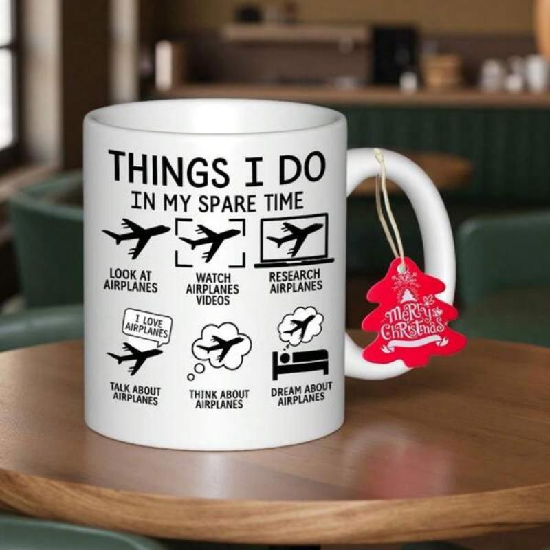 Tailorly White Ceramic 11 oz Mug - Things I Do In My Spare Time Simple Black Airplane Icons Representing Various Hobby Activities On Plain Background Airplane
