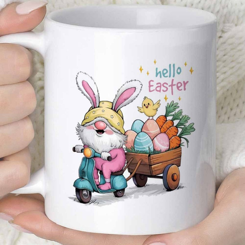 Tailorly White Ceramic 11 oz Mug - Hello Easter Cute Festive Character Riding A Teal Scooter With Cart Of Eggs Gnome