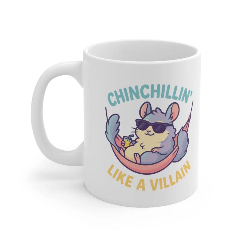 Tailorly White Ceramic 11 oz Mug - Chinchillin Like A Villain Cute Purple Animal Wearing Sunglasses Resting On Pink Hammock Holding Tropical Drink Chinchilla