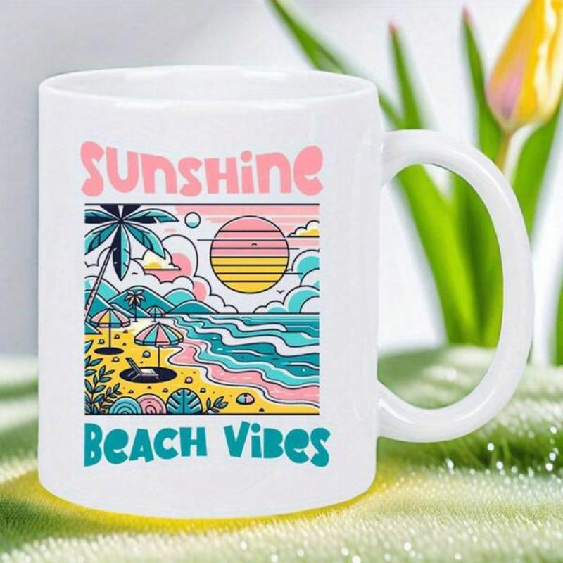 Tailorly White Ceramic 11 oz Mug - Sunshine Beach Vibes Retro Summer Sunset With Rolling Waves Under A Tropical Palm Tree Beach