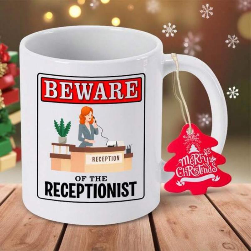 Tailorly White Ceramic 11 oz Mug - Beware Of The Receptionist Hardworking Professional Woman At Modern Office Desk Answering Phone Call Receptionist
