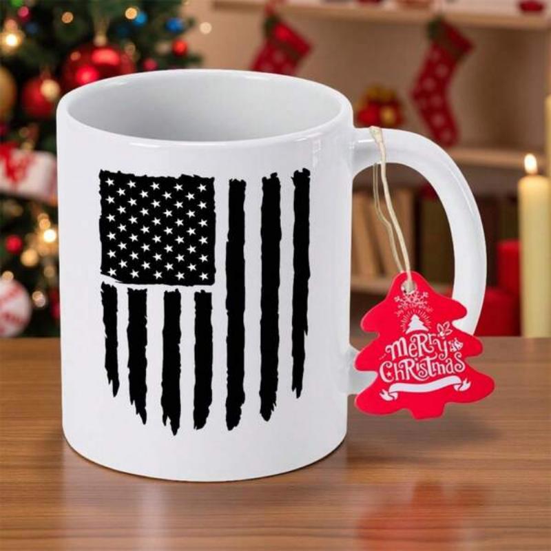 Tailorly White Ceramic 11 oz Mug - Distressed Weathered Aesthetic Vertical Stripe Stars Pattern Minimalist Bold Style Flag