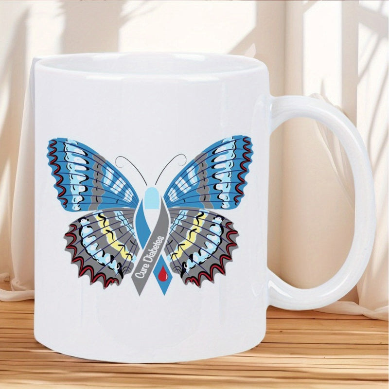 Tailorly White Ceramic 11 oz Mug - Cure Diabetes Intricate Blue And Grey Wings With Symbolic Awareness Ribbons Body Butterfly