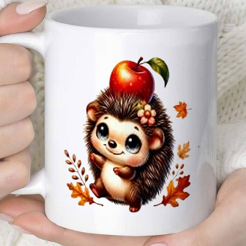 Tailorly White Ceramic 11 oz Mug - Cute Little Hedgehog Balancing Red Apple Among Falling Autumn Leaves Hedgehog