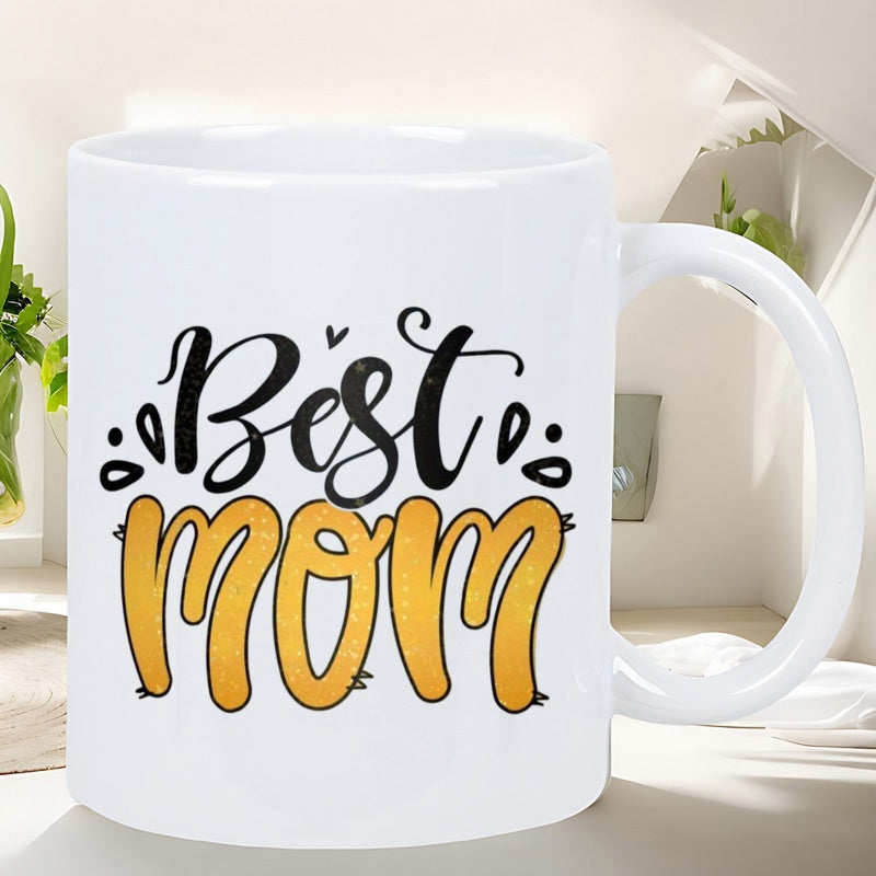 Tailorly White Ceramic 11 oz Mug - Best Mom Artistic Decorative Script With Golden Yellow Bubble Style Text Typography