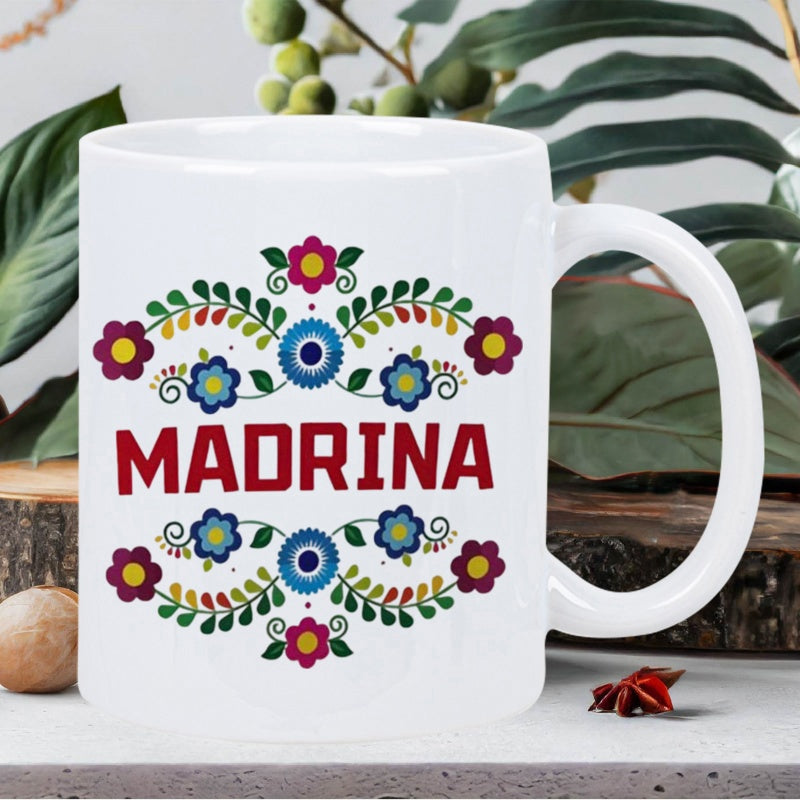 Tailorly White Ceramic 11 oz Mug - Madrina Symmetrical Colorful Floral Pattern With Vibrant Blossoms And Green Leaves Mug