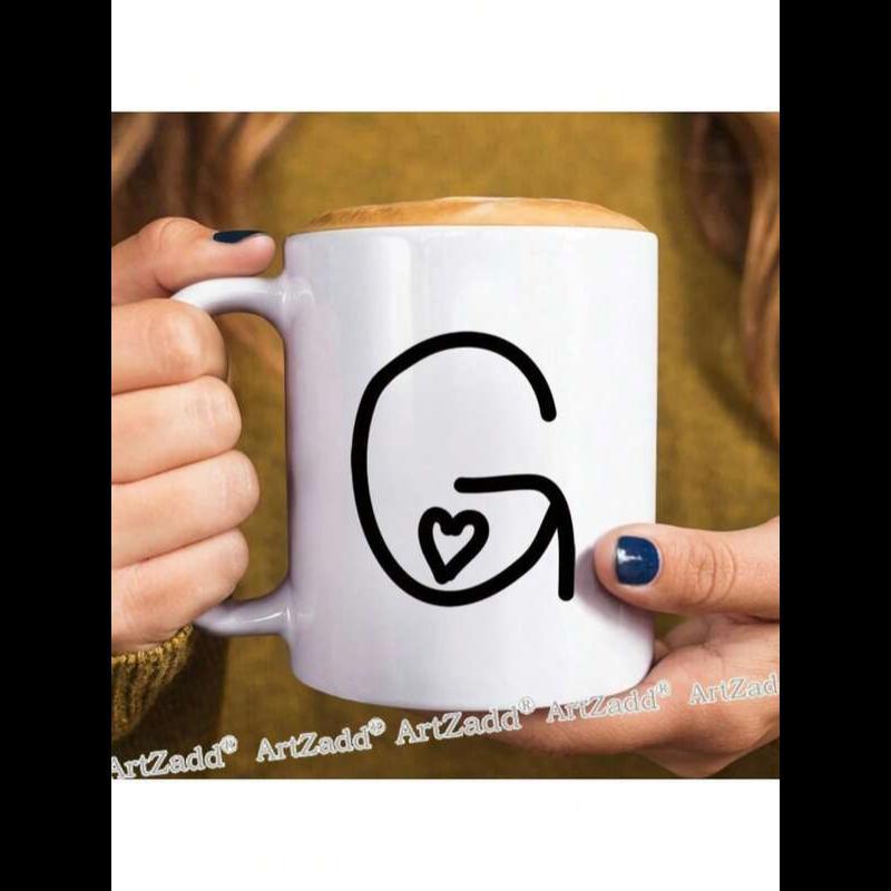 Tailorly White Ceramic 11 oz Mug - G Minimalist Hand Drawn Artistic Letter Character With Small Heart Shape Ceramic Mug