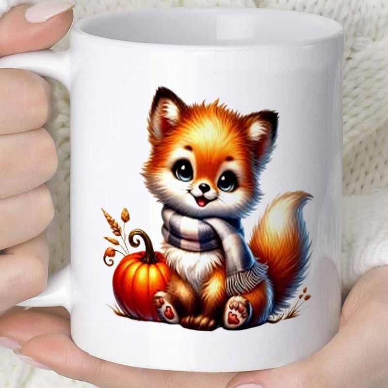 Tailorly White Ceramic 11 oz Mug - Adorable Fluffy Little Wearing Cozy Striped Scarf Beside A Small Ripe Pumpkin Fox