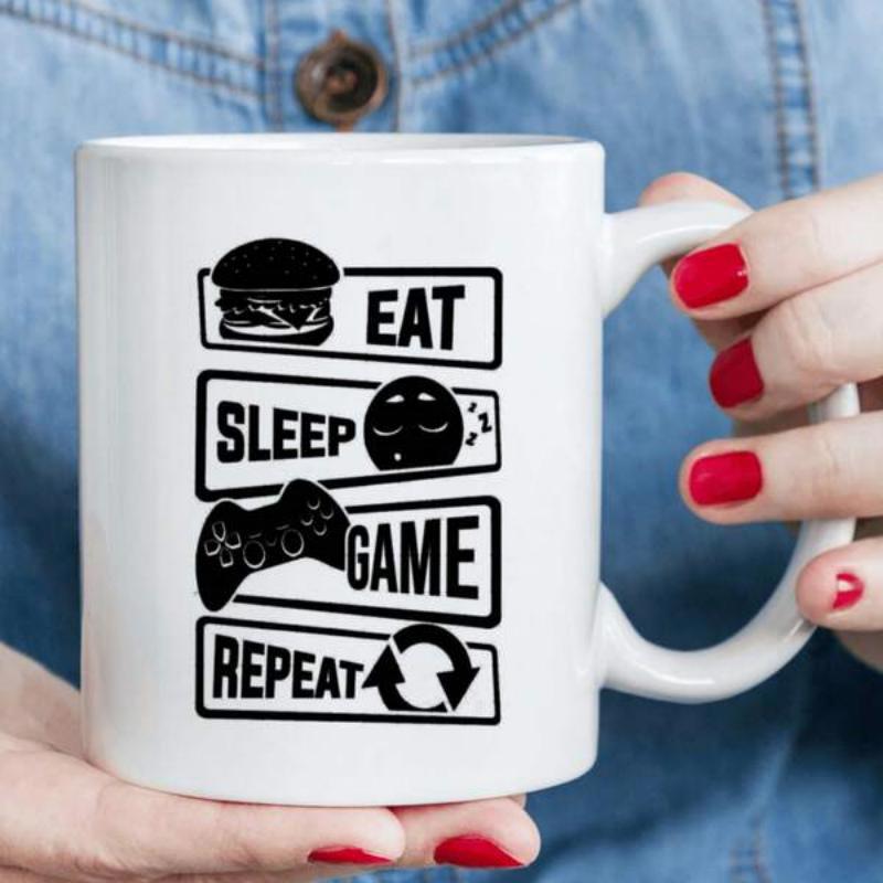 Tailorly White Ceramic 11 oz Mug - Eat Sleep Game Repeat Graphic Icons Representing The Daily Life Routine Of A Dedicated Modern Gamer Controller