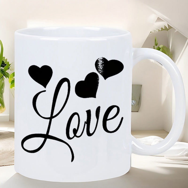 Tailorly White Ceramic 11 oz Mug - Love Elegant Black Hearts Floating Above Script Text On Ceramic Mug
