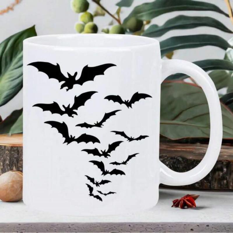 Tailorly White Ceramic 11 oz Mug - Black Flying Bat Silhouettes Floating In A Spooky Swarm Pattern Bat
