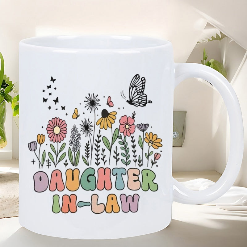 Tailorly White Ceramic 11 oz Mug - Daughter In Law Colorful Retro Garden With Wildflowers And Fluttering Butterflies Flower