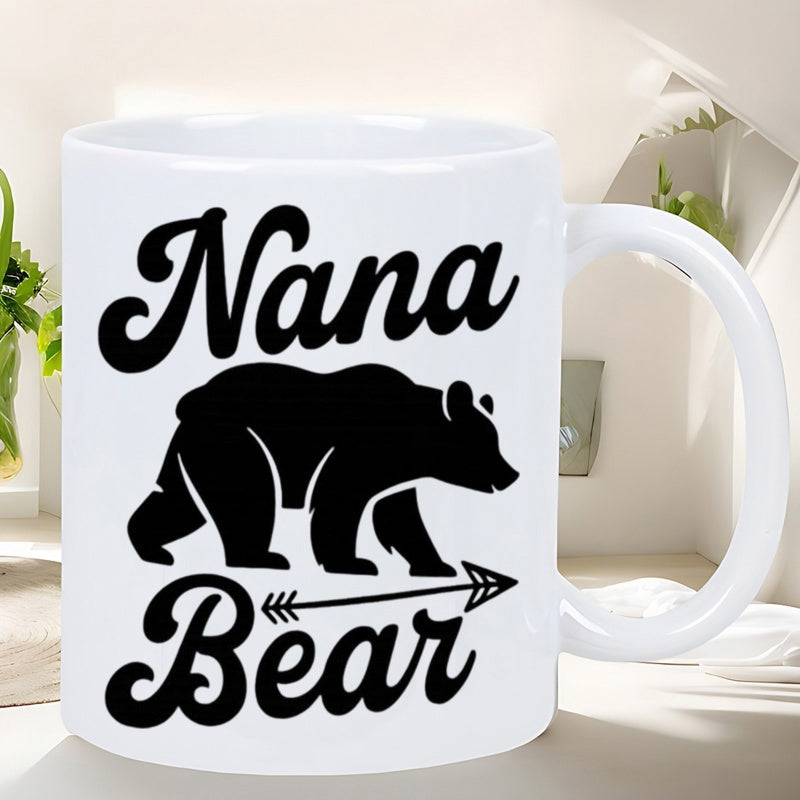 Tailorly White Ceramic 11 oz Mug - Nana Bear Walking Black Forest Animal Silhouette Above A Tribal Arrow Bear
