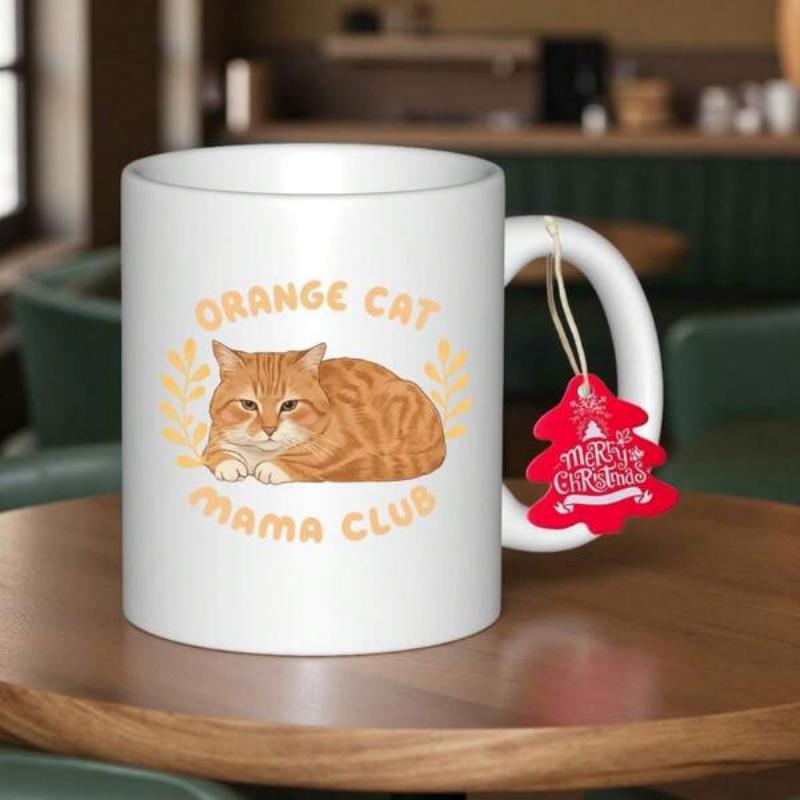 Tailorly White Ceramic 11 oz Mug - Orange Cat Mama Club Serene Tabby Feline Resting Peacefully Amidst Delicate Golden Laurel Branch Accents Cat