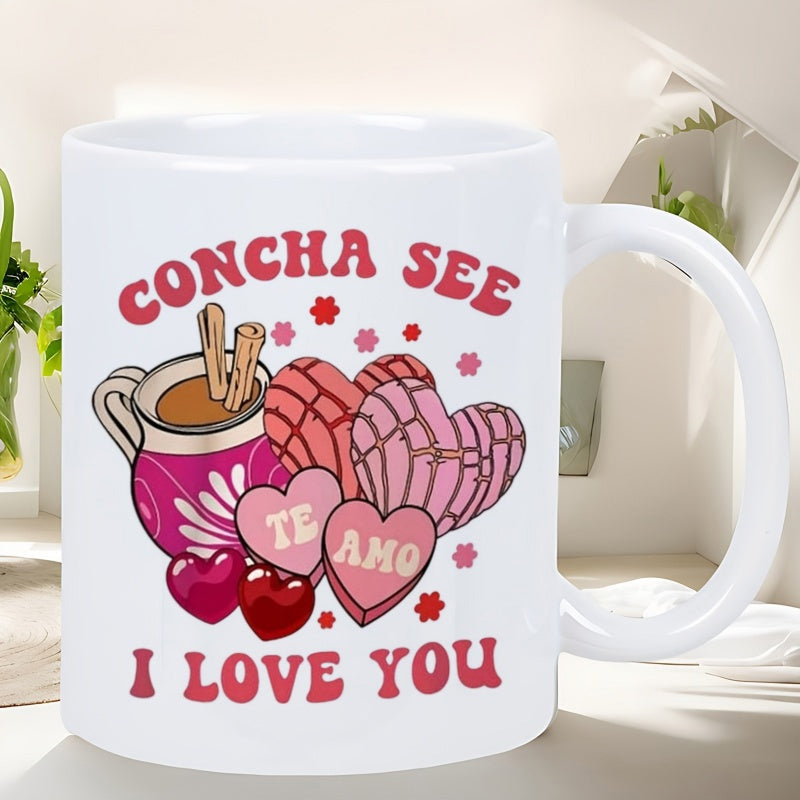 Tailorly White Ceramic 11 oz Mug - Concha See I Love You Traditional Heart Shaped Mexican Sweet Bread Cocoa Concha