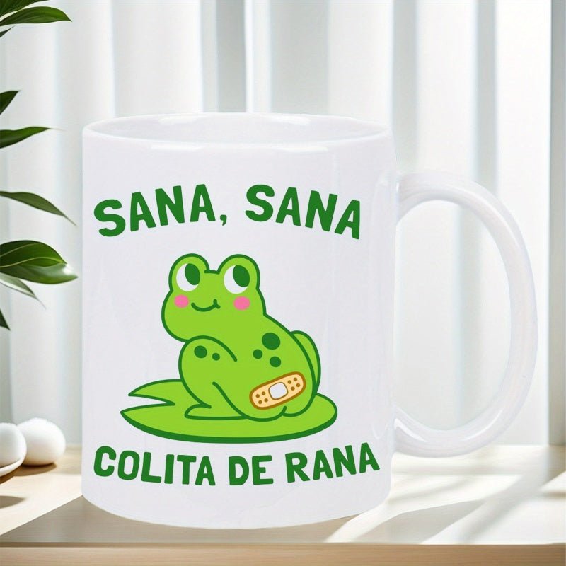 Tailorly White Ceramic 11 oz Mug - Adorable Smiling Green Amphibian Resting Peacefully Upon A Vibrant Floating Leaf Frog