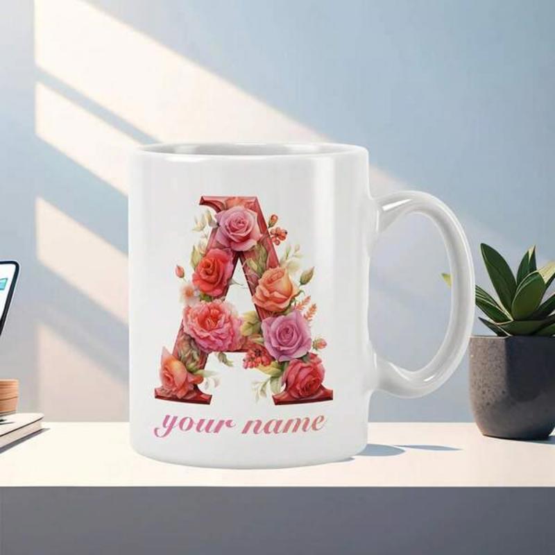 Tailorly White Ceramic 11 oz Mug - Your Name Elegant Blooming Roses And Vibrant Green Leaves Inside A Capital Letter Monogram