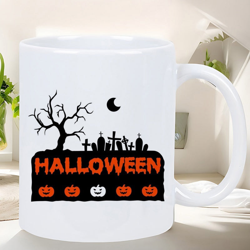 Tailorly White Ceramic 11 oz Mug - Halloween Spooky Barren Tree Overlooking A Haunted Graveyard Under A Crescent Moon Pumpkin