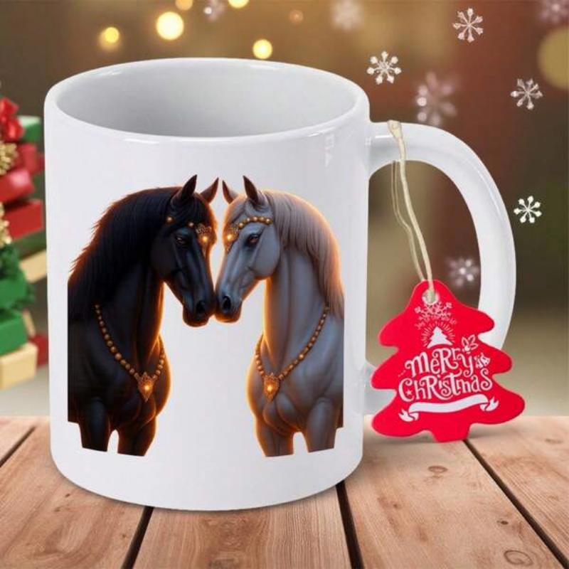 Tailorly White Ceramic 11 oz Mug - Majestic Black And White Horses Touching Noses With Elegant Golden Necklaces Horses