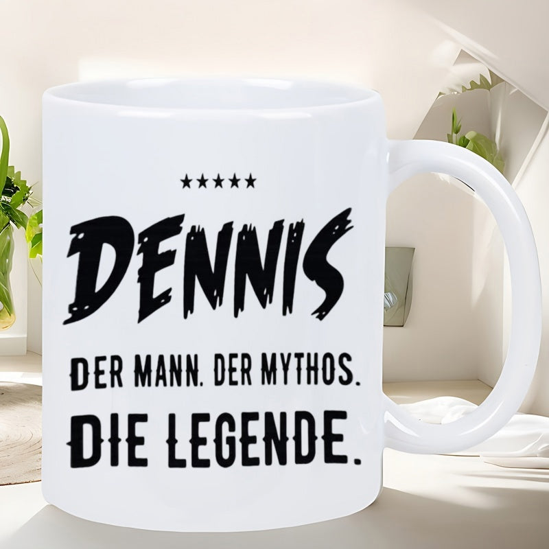 Tailorly White Ceramic 11 oz Mug - Dennis Minimalist Five Stars Above Bold Distressed Script With Clean Sharp Typography