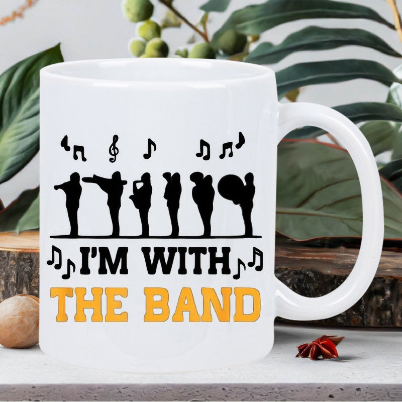 Tailorly White Ceramic 11 oz Mug - I'm With The Band Silhouetted Marching Musicians Playing Instruments Among Floating Black Musical Notes Band