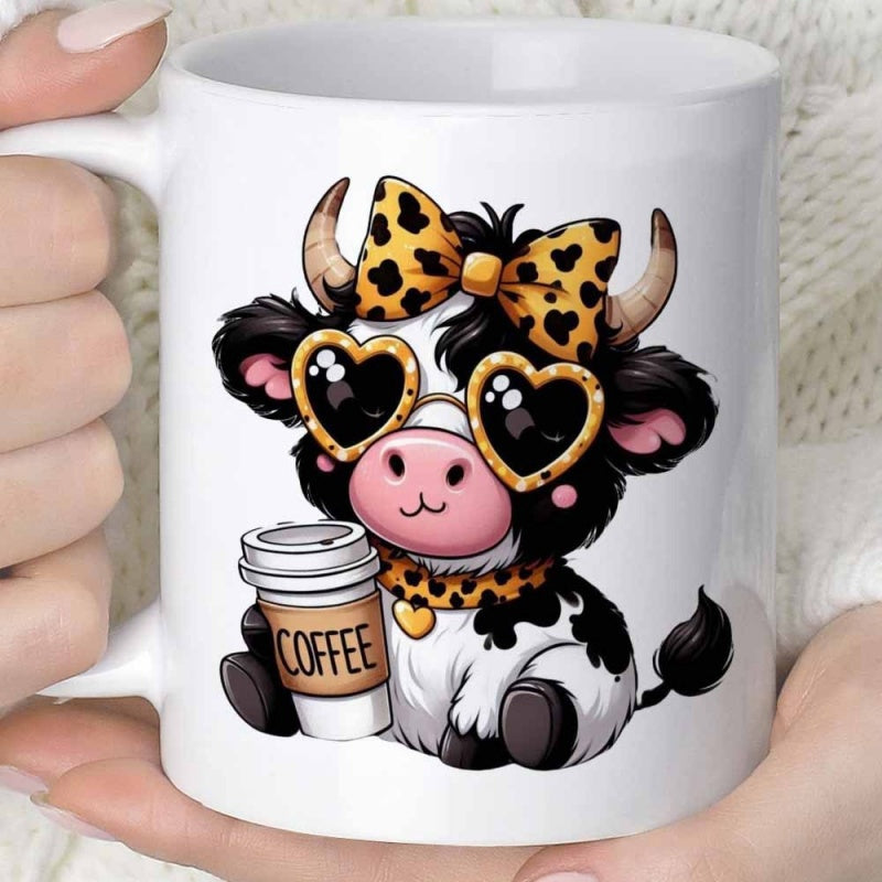 Tailorly White Ceramic 11 oz Mug - Coffee Adorable Cartoon Character With Leopard Print Bow Sunglasses Cow