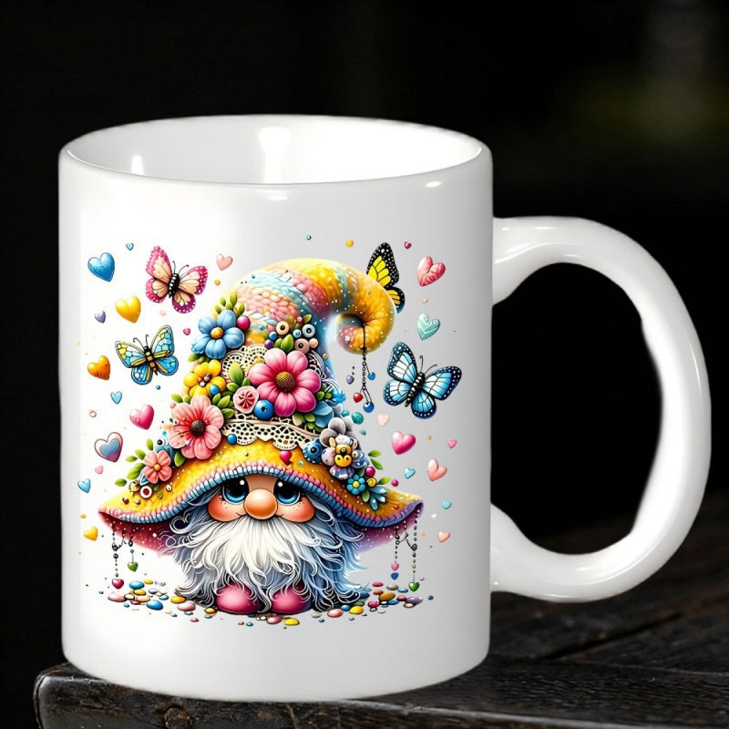 Tailorly White Ceramic 11 oz Mug - Colorful Garden Theme Wearing Flower Hat Surrounded By Flying Butterflies Gnome