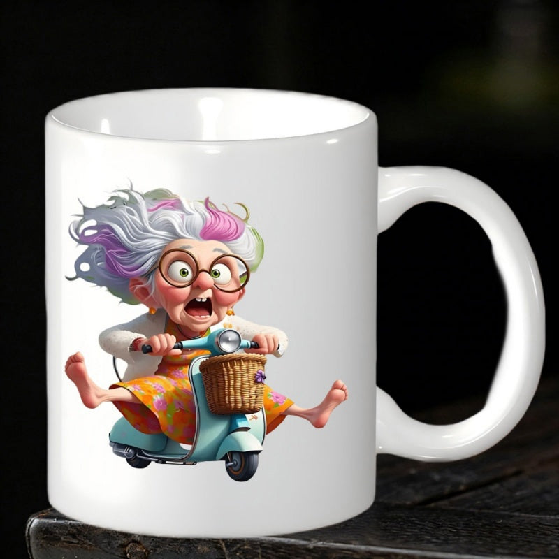 Tailorly White Ceramic 11 oz Mug - Funny Elderly Woman Riding Vintage Scooter With Wild Multicolored Hair Flying Grandma