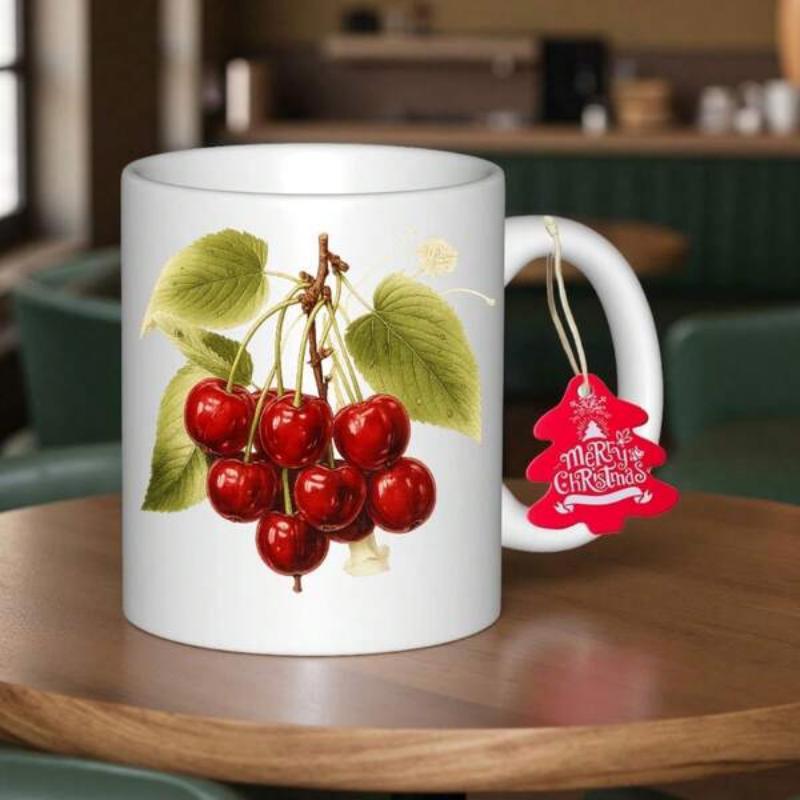Tailorly White Ceramic 11 oz Mug - Merry Christmas Ripe Red Fruits Hanging From Stems With Lush Green Leaves Cherry