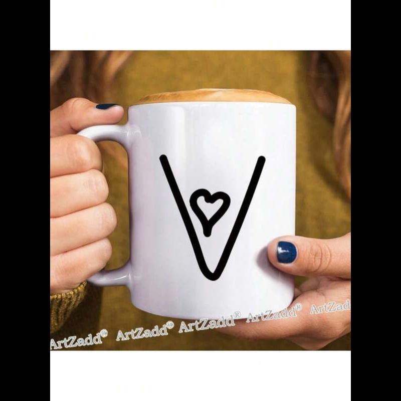 Tailorly White Ceramic 11 oz Mug - V Minimalist Black Line Art With Small Heart Shape Inside Letter