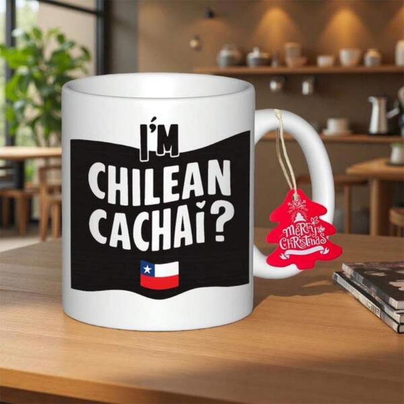 Tailorly White Ceramic 11 oz Mug - Im Chilean Bold White Typography On Wavy Black Background With Flag Banner