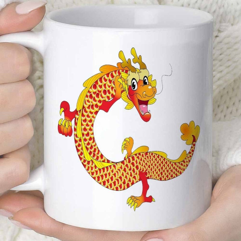 Tailorly White Ceramic 11 oz Mug - Majestic Golden Oriental Mythical Creature With Vibrant Red Scales Dragon