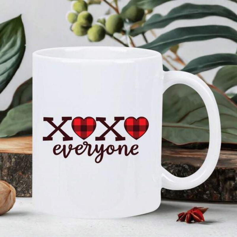 Tailorly White Ceramic 11 oz Mug - Xoxo Everyone Red Black Buffalo Plaid Pattern With Artistic Script Heart