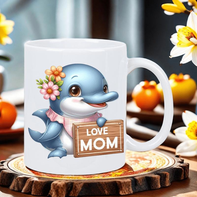 Tailorly White Ceramic 11 oz Mug - Love Mom Adorable Blue Cartoon Character Wearing Floral Crown Holding Sign Dolphin