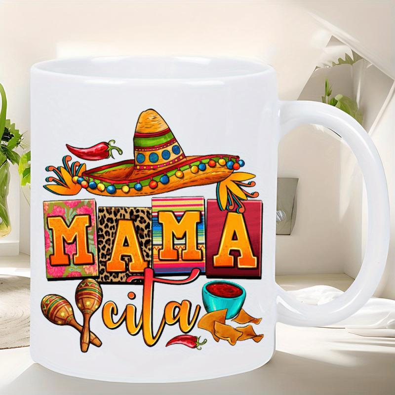 Tailorly White Ceramic 11 oz Mug - Mamacita Colorful Mexican Cultural Symbols With Spicy Peppers And Festive Maracas Sombrero