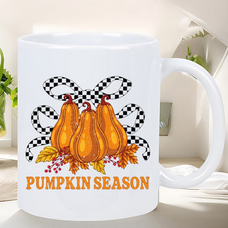 Tailorly White Ceramic 11 oz Mug - Pumpkin Season Vintage Inspired Autumn Harvest With Checkered Bow And Fall Leaves Pumpkin